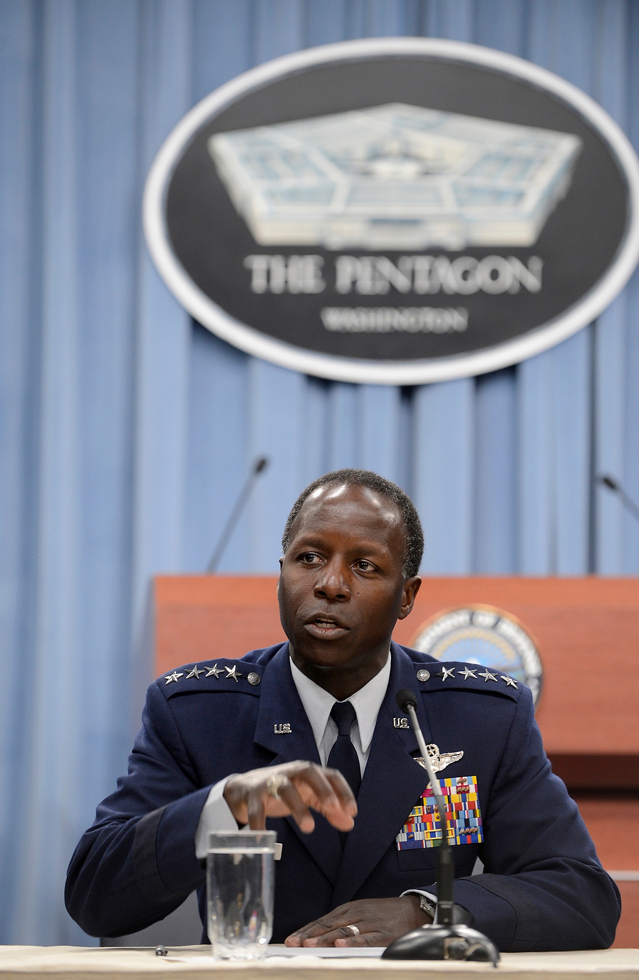 Gen. Edward Rice Jr., commander of Air Education and Training Command, answers during a Pentagon press briefing on Nov. 14, 2012.  Rice presented the investigation findings from allegations of sexual misconduct at Basic Military Training.  Also at the press briefing was Maj. Gen. Margaret Woodward, Air Force Chief of Safety and commander of Air Force Safety Center at Kirtland Air Force Base, N.M., who led the investigation.  (U.S. Air Force photo/Scott M. Ash)
