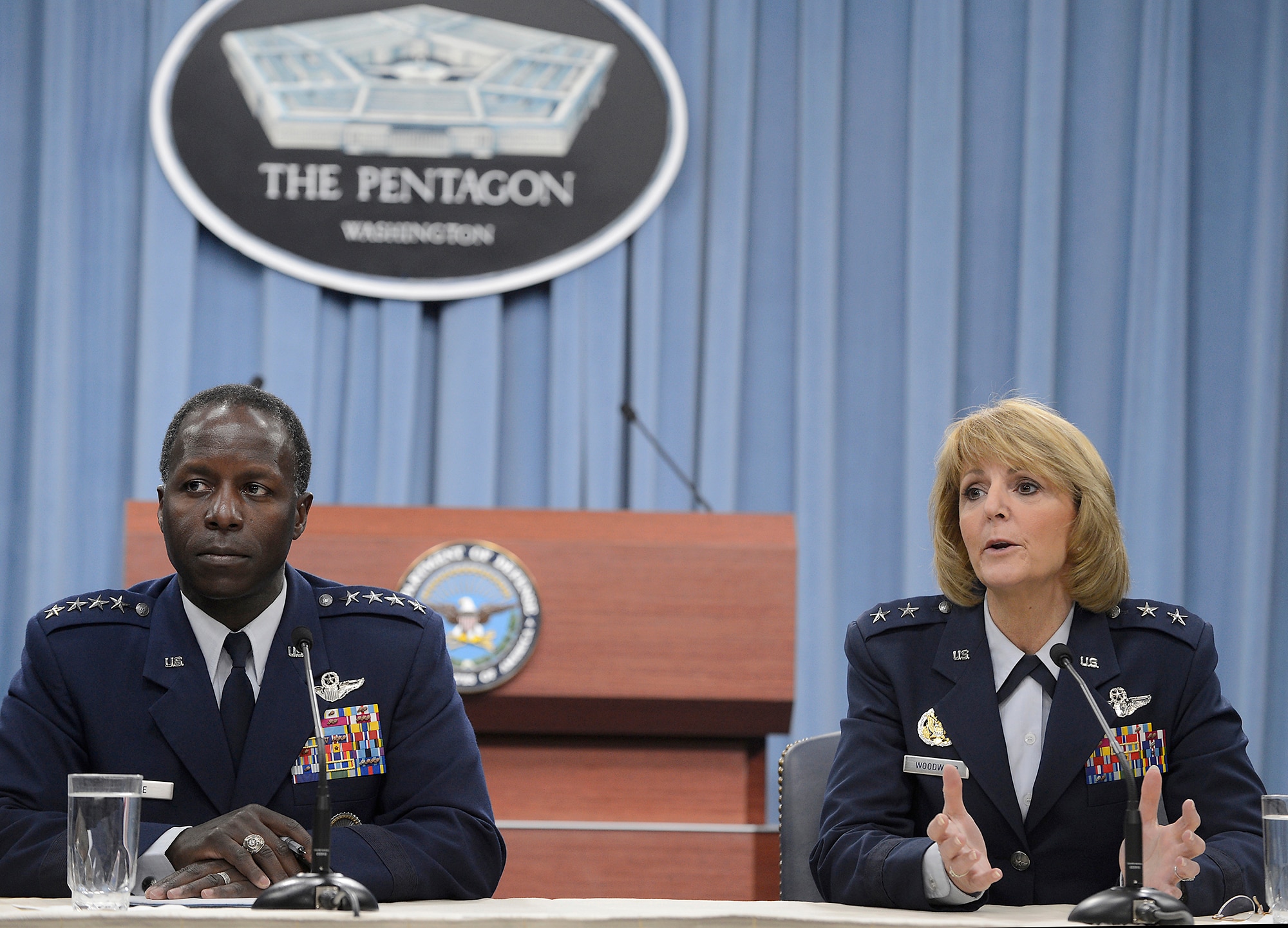 Gen. Edward Rice Jr., commander of Air Education and Training Command, answers questions with Maj. Gen. Margaret Woodward, Air Force Chief of Safety and commander of Air Force Safety Center at Kirtland Air Force Base, N.M., during a Pentagon press briefing on Nov. 14, 2012.  Rice presented the findings relating to Woodward's investigation into allegations of sexual misconduct at Basic Military Training.  (U.S. Air Force photo/Scott M. Ash)