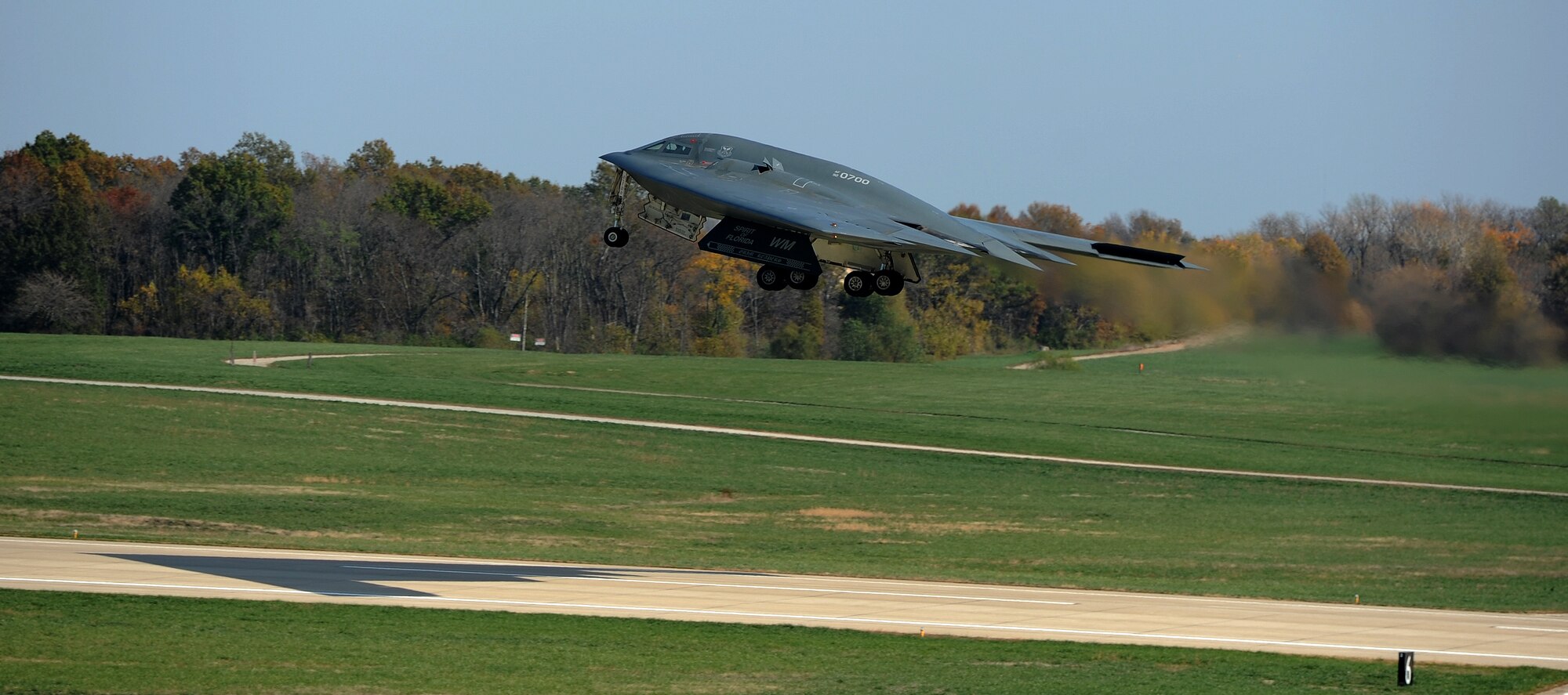 WHITEMAN AIR FORCE BASE, Mo. -- A B-2 Spirit takes off on the runway Oct. 26. Its capability to penetrate air defenses and threaten effective retaliation provides a strong, effective deterrent and combat force well into the 21st century. (U.S. Air Force photo/Senior Airman Nick Wilson) (Released)