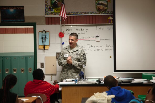 WALDORF, Md. -  Chief Craig LeDeux, U.S. Air Force Band chief enlisted manager, speaks with youths about his military experience at Mattawoman Middle Schools' Veterans Day program, Nov. 9, 2012. Veterans spoke with nearly 150 students at the yearly event. (U.S. Air Force photo/ Senior Airman Amber Russell)