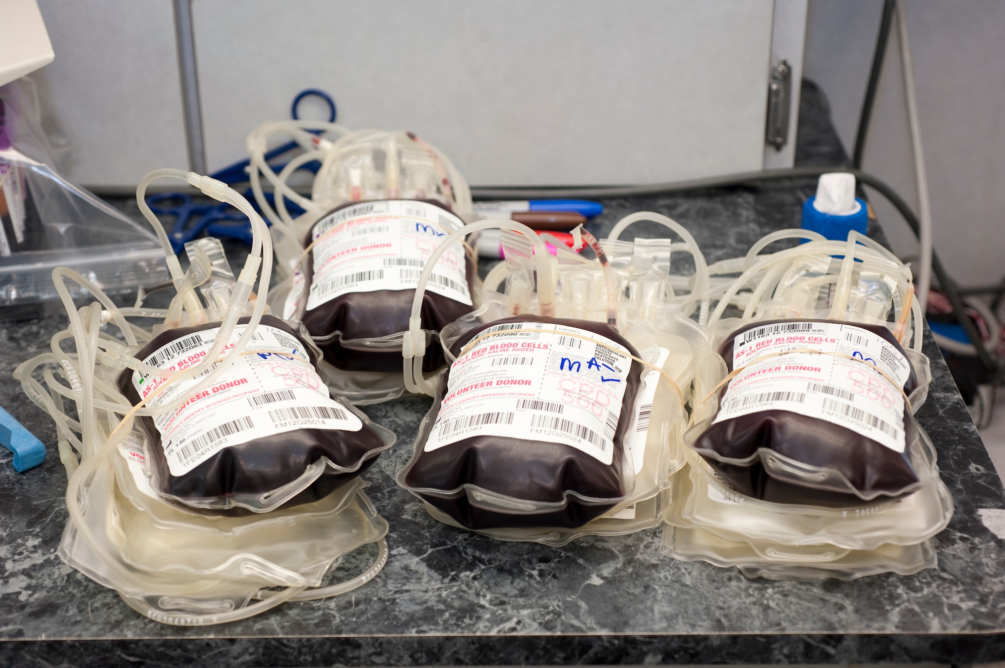 Units of blood are prepared to be stored at Hurlburt Field, Fla. Nov. 7., 2012. The Blood drive projected to receive 70 units of blood but Hurlburt Field exceeded expectations and donated 78 units.  (U.S. Air Force photo/ Airman 1st Class Nigel Sandridge)
