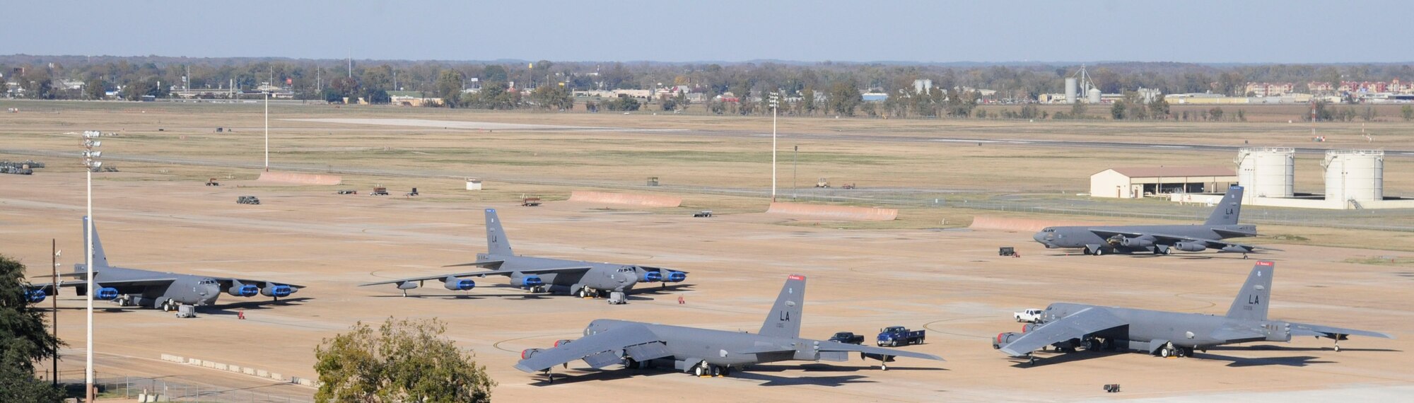 B-52H Stratoforess bombers sit on the flightline on Barksdale Air Force Base, La., Nov. 14. The B-52 has endured the past 60 years as one of the Air Force?s most powerful bombers. The B-52 provides the backbone of the bomber force with the ability for global attack and precision engagement. Its proud history paves the way as the next generation of bombers comes online to provide a comprehensive bomber package. (U.S. Air Force photo/Airman 1st Class Andrew Moua)(RELEASED)