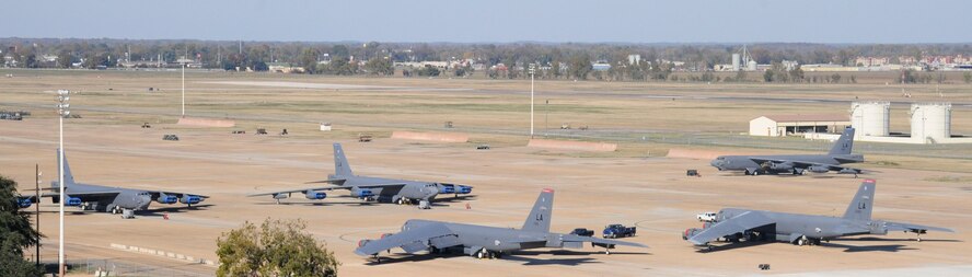 B-52H Stratoforess bombers sit on the flightline on Barksdale Air Force Base, La., Nov. 14. The B-52 has endured the past 60 years as one of the Air Force?s most powerful bombers. The B-52 provides the backbone of the bomber force with the ability for global attack and precision engagement. Its proud history paves the way as the next generation of bombers comes online to provide a comprehensive bomber package. (U.S. Air Force photo/Airman 1st Class Andrew Moua)(RELEASED)