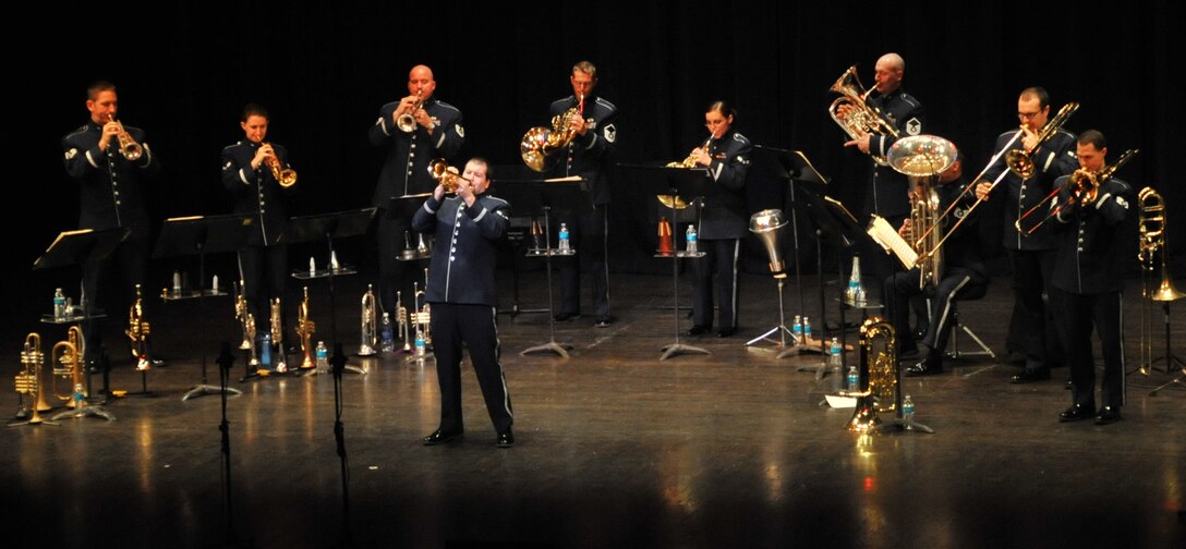 Airman First Class Ben Sampson performs on the trumpet with Brass in Blue for "A Salute to Veterans" in honor of Veterans Day.