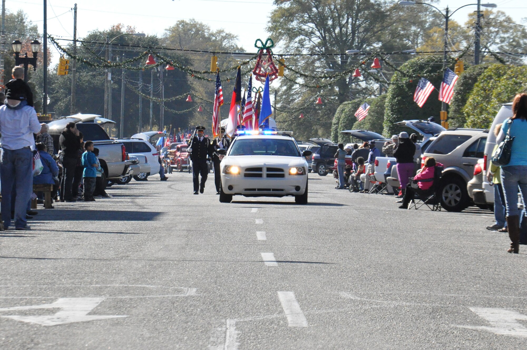 The Wayne County Veteran’s Day parade starts off with an escort by the Wayne County Sheriffs department, followed by three teams of honor guards in Goldsboro, N.C., Nov. 10, 2012. Servicemembers and Wayne County citizens came together to honor those who have served in the United States military and thank them for their service. (U.S. Air Force photo/Airman 1st Class Mariah Tolbert/Released)