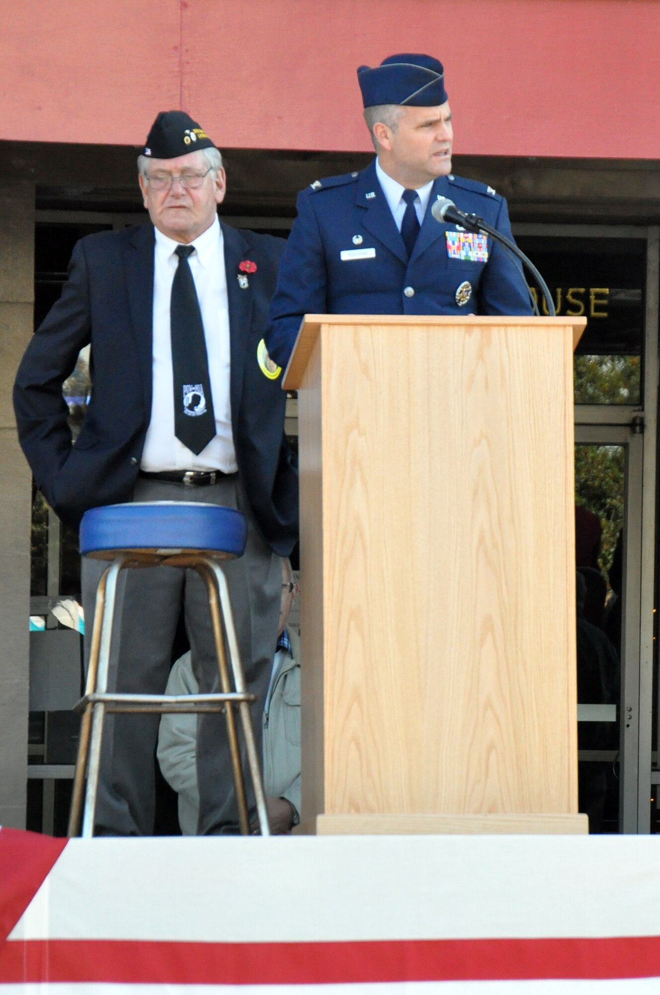 U.S. Air Force Col. Michael Koscheski, 4th Operations Group commander, makes a speech during the Wayne County Veteran’s Day parade in Goldsboro, N.C., Nov. 10, 2012. Koscheski thanked the community for supporting to the base and  Airmen throughout the years. (U.S. Air Force photo/Airman 1st Class Mariah Tolbert/Released)