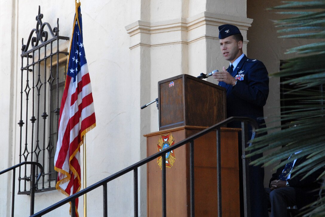 VANDENBERG AIR FORCE BASE, Calif. -- Col. Brent McArthur, 30th Space Wing vice commander, speaks to veterans and guests during a Veteran's Day ceremony in Lompoc Sunday, Nov. 11, 2012. Vandenberg senior leaders partnered with local veterans groups and community leaders to speak during Veteran's Day events and offer their gratitude on behalf of active duty military to all veterans who have served their country. (U.S. Air Force photo/Master Sgt. John Peters)