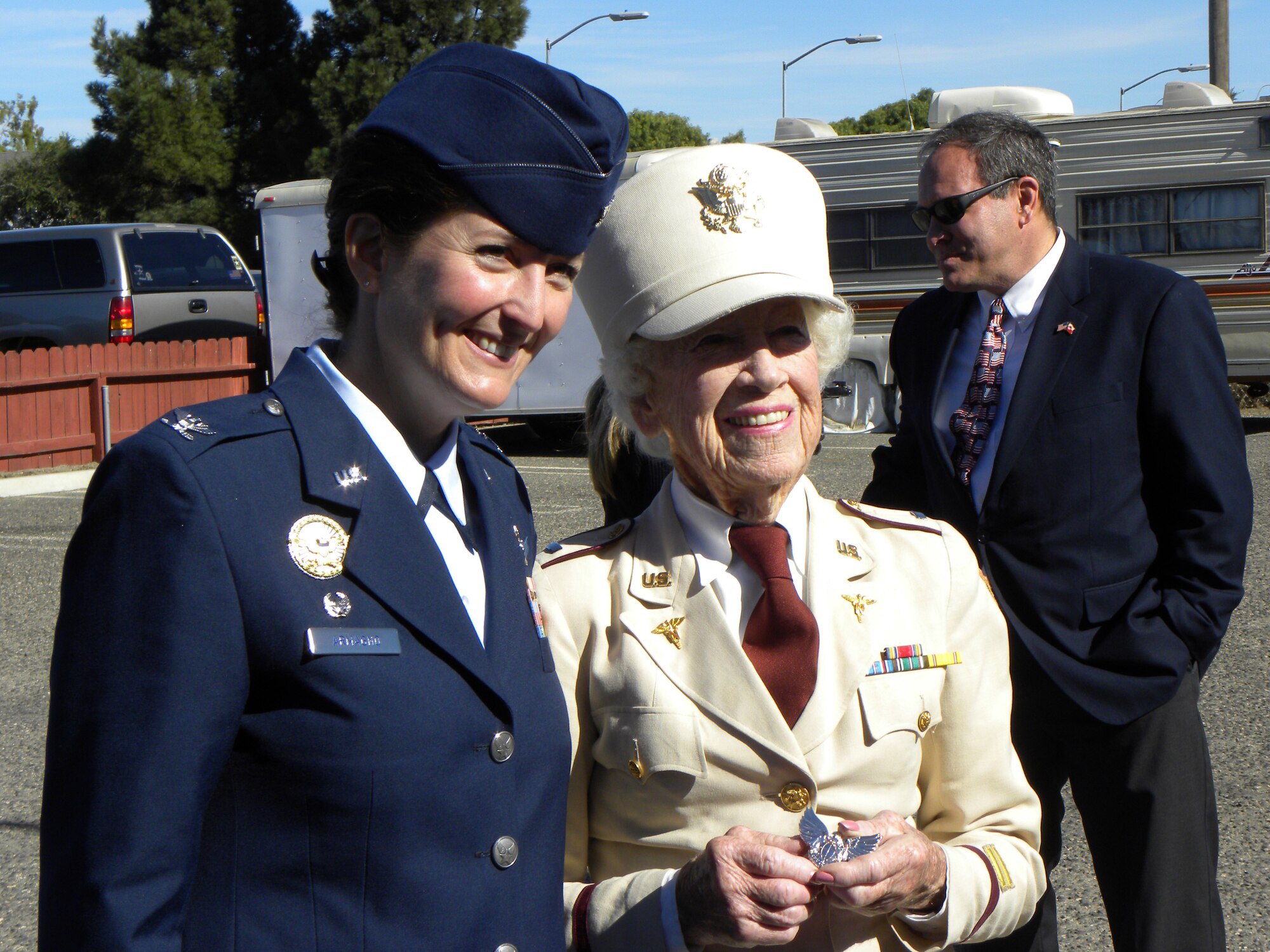 VANDENBERG AIR FORCE BASE, Calif. -- Col. Nina Armagno, 30th Space Wing commander, meets with Marian Marrinan, a veteran Army Air Corps Nurse Corps member, during a Veteran's Day ceremony hosted by Santa Maria Veterans of Foreign Wars Post 2521 on Sunday, Nov. 11, 2012. Vandenberg senior leaders partnered with local veterans groups and community leaders to speak at Veteran's Day events and offer their gratitude on behalf of active duty military to all veterans who have served their country. (U.S. Air Force photo/Kathi Peoples)
