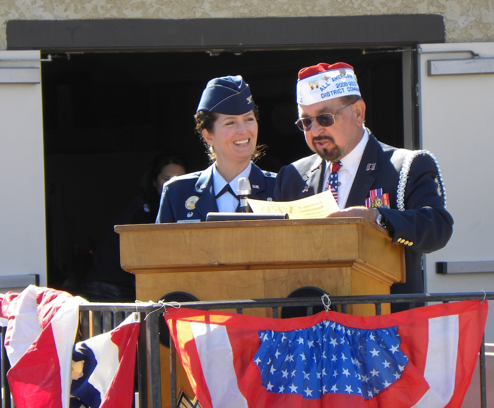VANDENBERG AIR FORCE BASE, Calif. -- Col. Nina Armagno, 30th Space Wing commander, and Mike Stadnick, Veterans of Foreign Wars Post 2521 commander, speak to a group of veterans and guests during a Veteran's Day ceremony hosted by Santa Maria Veterans of Foreign Wars Post 2521 on Sunday, Nov. 11, 2012. Vandenberg senior leaders partnered with local veterans groups and community leaders to speak at Veteran's Day events and offer their gratitude on behalf of active duty military to all veterans who have served their country. (U.S. Air Force photo/Kathi Peoples)