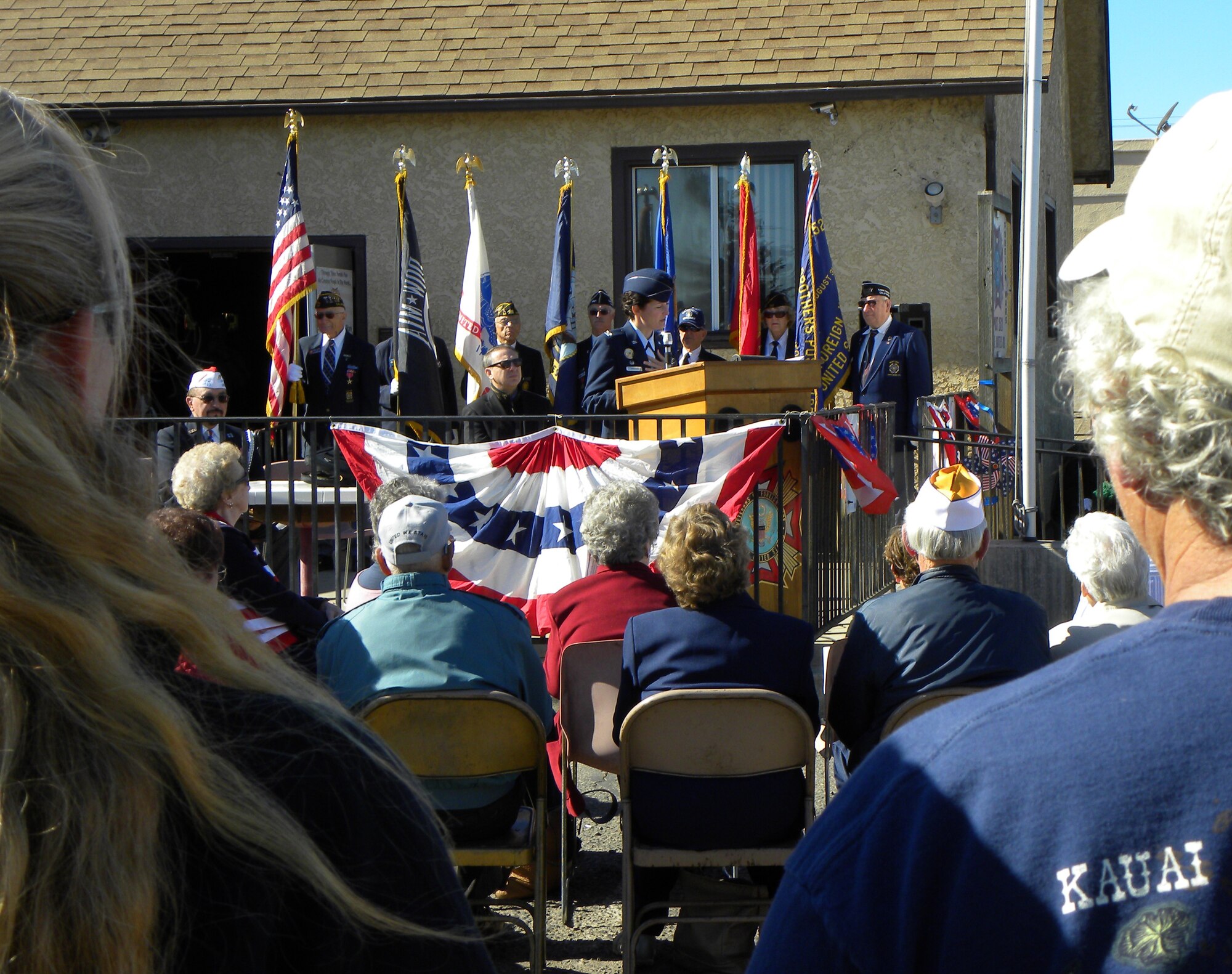 VANDENBERG AIR FORCE BASE, Calif. -- Col. Nina Armagno, 30th Space Wing commander, speaks to a group of veterans and guests during a Veteran's Day ceremony hosted by Santa Maria Veterans of Foreign Wars Post 2521 on Sunday, Nov. 11, 2012. Vandenberg senior leaders partnered with local veterans groups and community leaders to speak at Veteran's Day events and offer their gratitude on behalf of active duty military to all veterans who have served their country. (U.S. Air Force photo/Kathi Peoples)