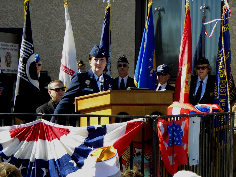VANDENBERG AIR FORCE BASE, Calif. -- Col. Nina Armagno, 30th Space Wing commander, speaks at a Veteran's Day ceremony hosted by Santa Maria Veterans of Foreign Wars Post 2521 on Sunday, Nov. 11, 2012. Vandenberg senior leaders partnered with local veterans groups and community leaders to speak at Veteran's Day events and offer their gratitude on behalf of active duty military to all veterans who have served their country. (U.S. Air Force photo/Kathi Peoples)