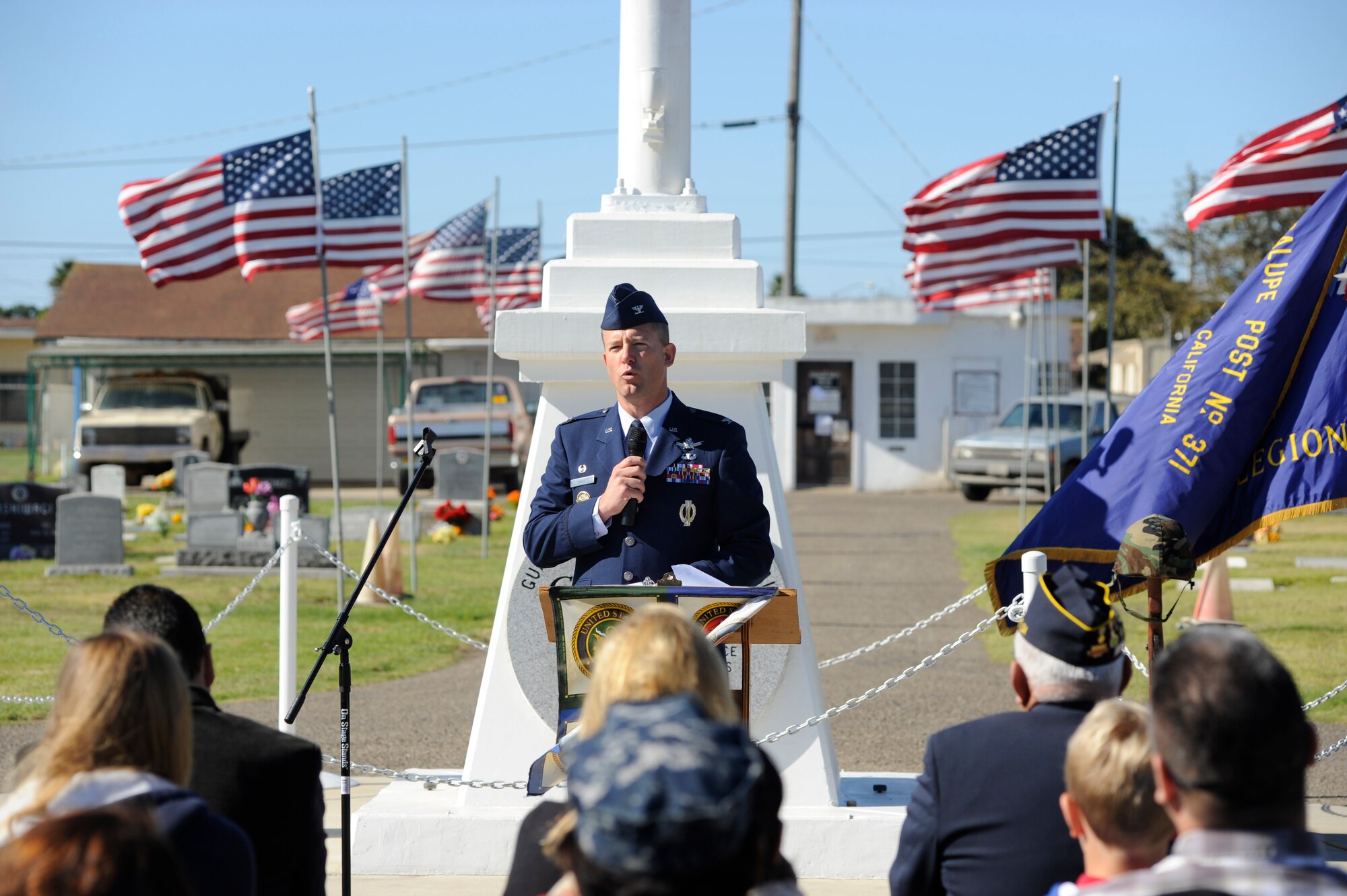 VANDENBERG AIR FORCE BASE, Calif. -- Col David Hook, 30th Operations Group commander, delivers his keynote speech to a group of veterans and guests during a Veteran's Day ceremony at the Guadalupe cemetery Sunday, Nov. 11, 2012. Vandenberg senior leaders partnered with local veterans groups and community leaders to speak during Veteran's Day ceremonies and offer gratitude on behalf of active duty military to all veterans who have served their country. (U.S. Air Force photo/Michael Peterson)