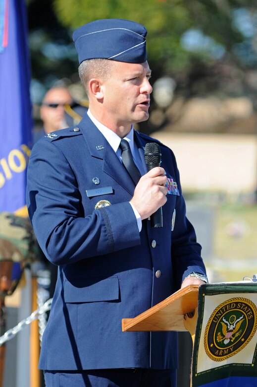 VANDENBERG AIR FORCE BASE, Calif. -- Col David Hook, 30th Operations Group commander, delivers his keynote speech to a group of veterans and guests during a Veteran's Day ceremony at the Guadalupe cemetery Sunday, Nov. 11, 2012. Vandenberg senior leaders partnered with local veterans groups and community leaders to speak during Veteran's Day ceremonies and offer gratitude on behalf of active duty military to all veterans who have served their country. (U.S. Air Force photo/Michael Peterson)