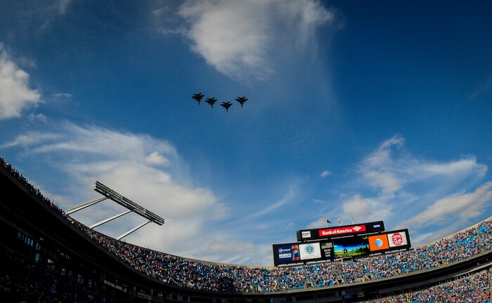 The Louisiana Air National Guard 159th Fighter Wing conducts a four-aircraft flyover before the Carolina Panthers - Denver Broncos football game Nov. 11, 2012, at the Bank of America Stadium in Charlotte, N.C. (U.S. Air Force photo/Staff Sgt. Anthony Hyatt)