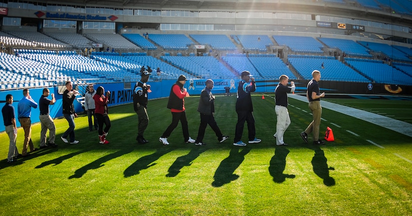 The Joint Base Charleston Honor Guard team practices presenting the Colors before the Carolina Panthers - Denver Broncos football game Nov. 11, 2012, at Bank of America Stadium,Charlotte, N.C. The Honor Guard team was invited to present the Colors for the Panther’s annual Military Appreciation Day. (U.S. Air Force photo/Staff Sgt. Anthony Hyatt)