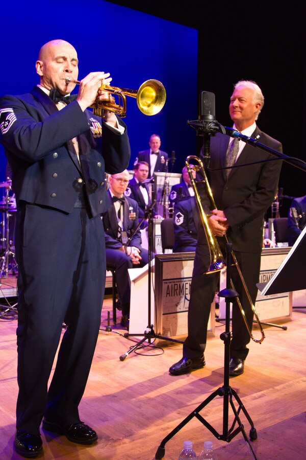 Senior Master Sgt. Tim Leahey solos as guest artist Andy Martin looks on during the Oct. 26, 2012 Jazz Heritage Series concert (Photo by Rob Mesite) 