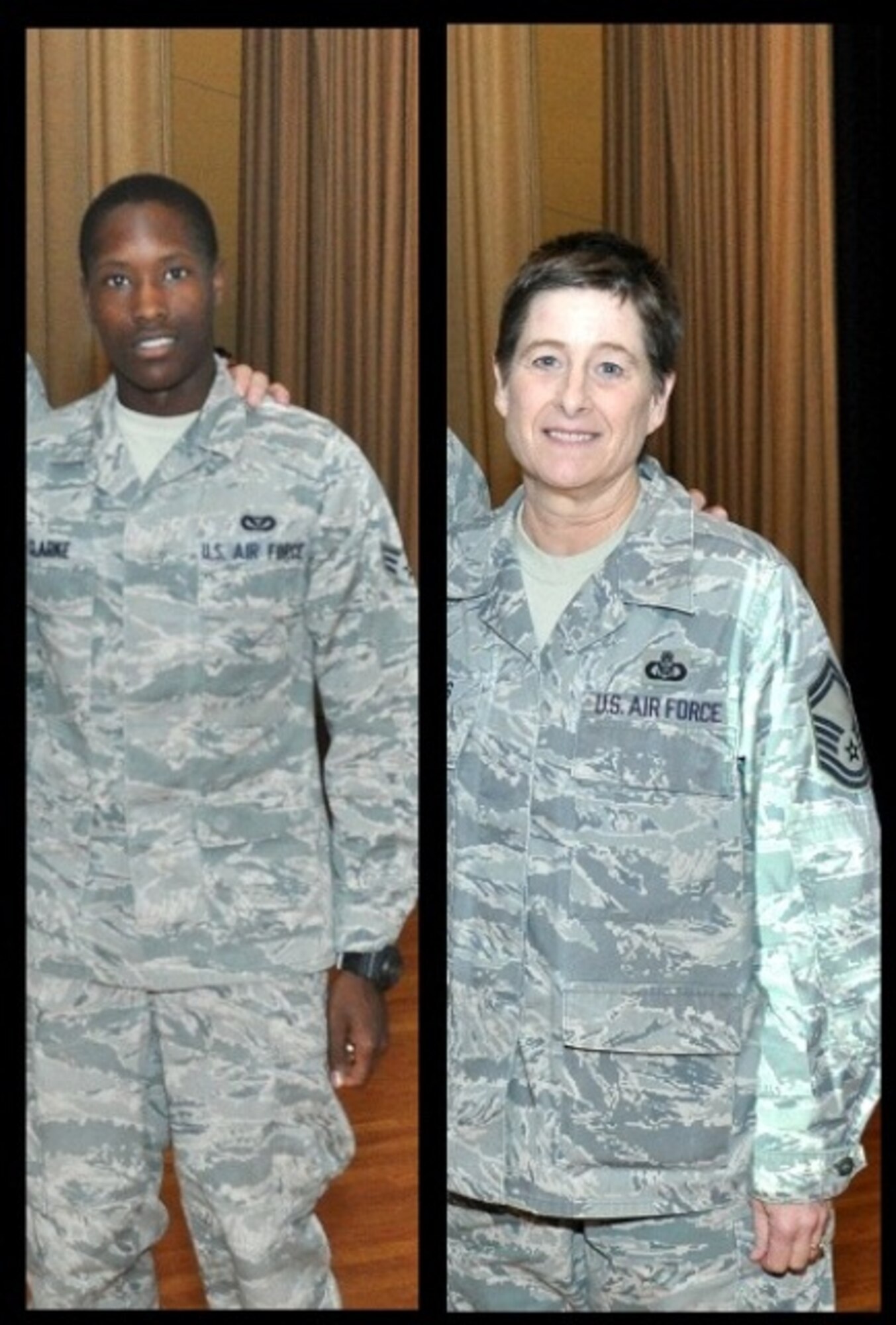 Senior Airman Krystopher Clarke (Left) of the 507th Civil Engineer Squadron and Senior Master Sgt. Carol Suggs of the 465th Air Refueling Squadron both perfected their physical fitness test.