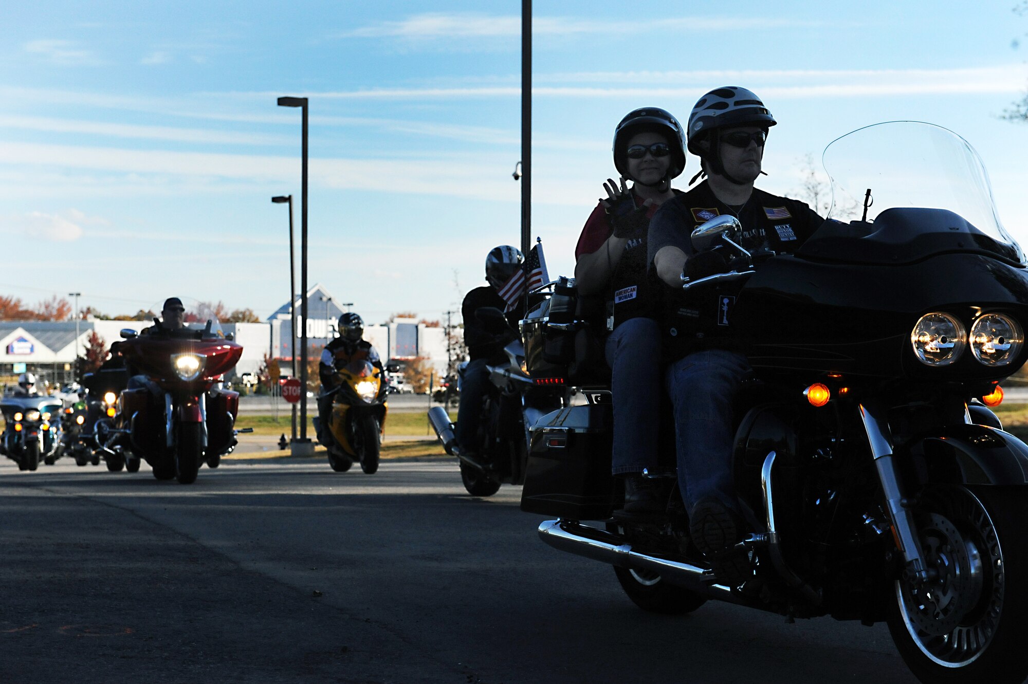 Motorcyclists arrive at the education center after a thirty minute bike ride Nov. 10, 2012, at Little Rock Air Force Base, Ark. The motorcyclists participated in the First Annual Raegan Whaley Memorial Diaper Run to raise monetary donations as well as toys, clothes and baby necessities to families in need this holiday season. (U.S. Air Force photo by Staff Sgt. Jessica Condit)