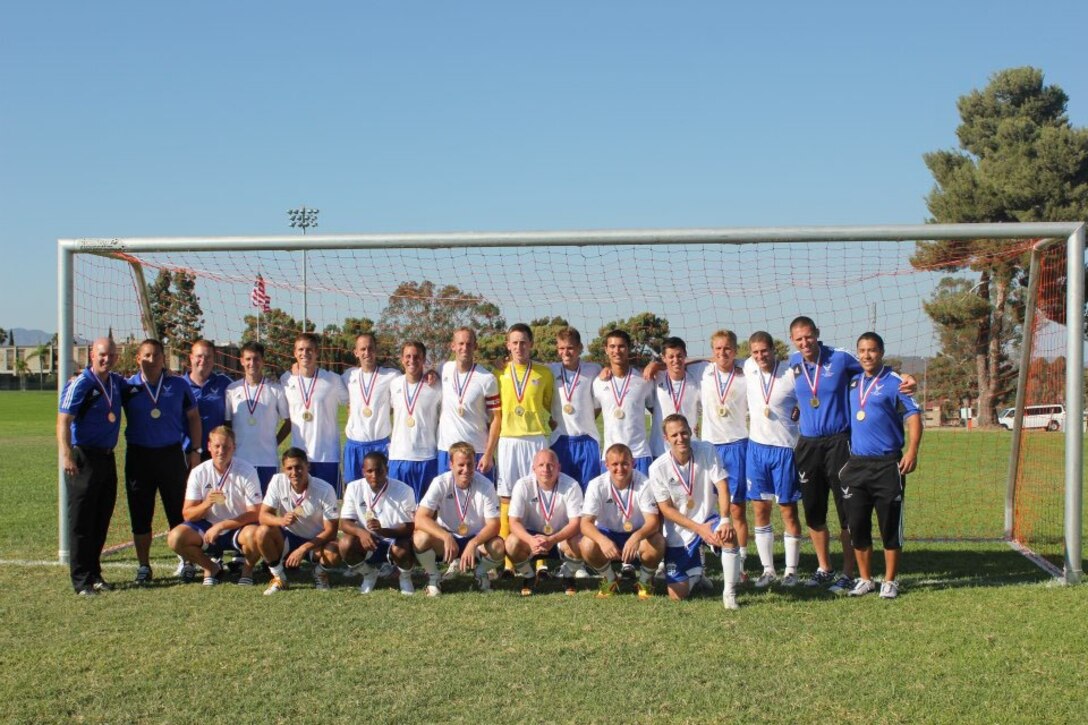 Major Keith McDaniel (front, center) was the oldest member of this year's All Air Force soccer team which won gold in the all Armed Forces tournament in October.  The team went undefeated with wins over Army, Navy, and the Marines (U.S. Air Force courtesy photo).  