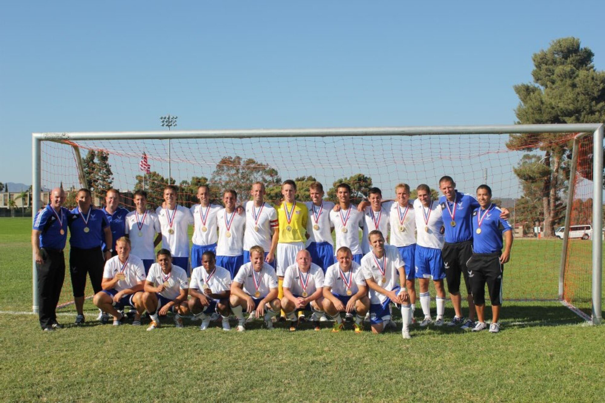 Major Keith McDaniel (front, center) was the oldest member of this year's All Air Force soccer team which won gold in the all Armed Forces tournament in October.  The team went undefeated with wins over Army, Navy, and the Marines (U.S. Air Force courtesy photo).  