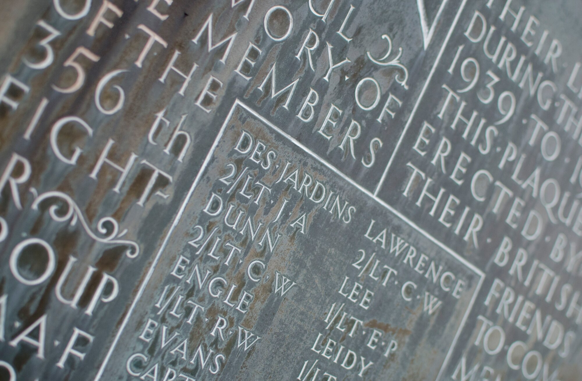 MARTLESHAM HEATH, England - The name of U.S. Army 2nd Lt. James Des Jardins is inscribed on the 356th Fighter Group Memorial at Martlesham Heath. Des Jardins, who served at Royal Air Force Station Martlesham Heath during WWII, was killed in action in 1944 and returned home in September 2012. He was among the honored at a Remembrance Day ceremony in Martlesham Heath Nov. 11, 2012. Des Jardins is survived by his nephew, John Des Jardins, Outagmia County Judge in Wisconsin. (U.S. Air Force photo by Staff Sgt. Stephen Linch)