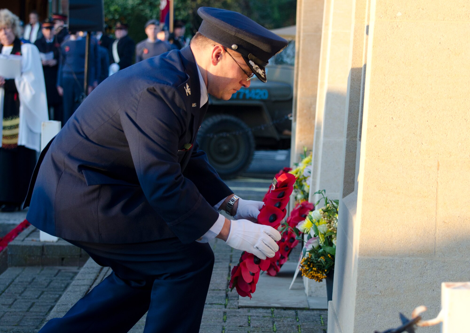 MARTLESHAM HEATH, England - Col. Mark Ciero, 48th Fighter Wing vice commander, lays a wreath during a Remembrance Day ceremony Nov. 11, 2012. American Airmen served in the 356th Fighter Group, a United States Army Air Forces unit, which was stationed at Royal Air Force Station Martlesham Heath during World War II. Seventy-two American Airmen from the 356th Fighter Group lost their lives in World War II. (U.S. Air Force photo by Staff Sgt. Stephen Linch)