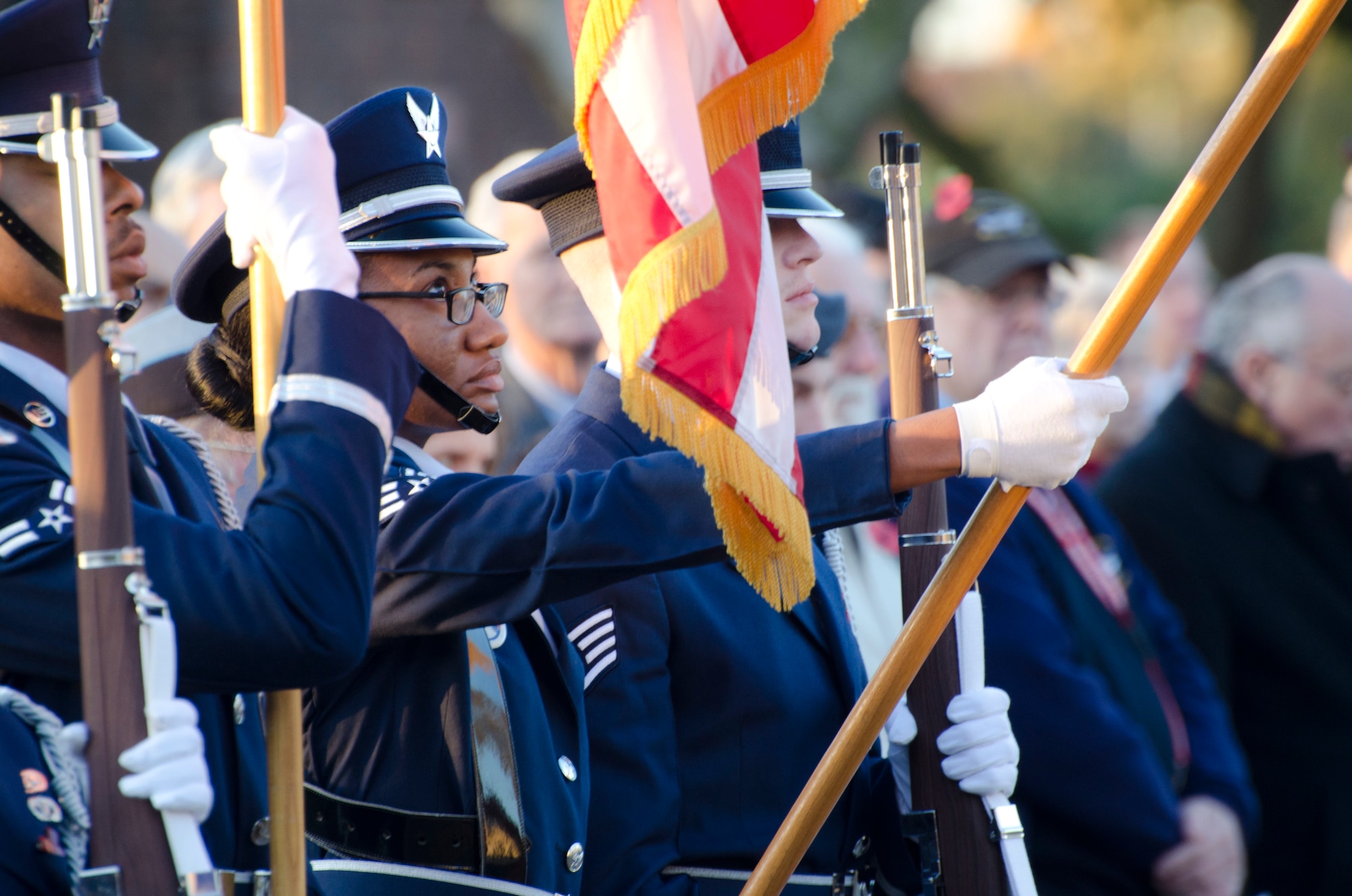 MARTLESHAM HEATH, England - Members of the RAF Lakenheath Honor Guard participate in a Remembrance Day ceremony Nov. 11, 2012. More than 200 people attended the ceremony, which was hosted by the Martlesham Heath Aviation Society. American Airmen served in the 356th Fighter Group, a United States Army Air Forces unit, which was stationed at Royal Air Force Station Martlesham Heath during World War II. (U.S. Air Force photo by Staff Sgt. Stephen Linch)
