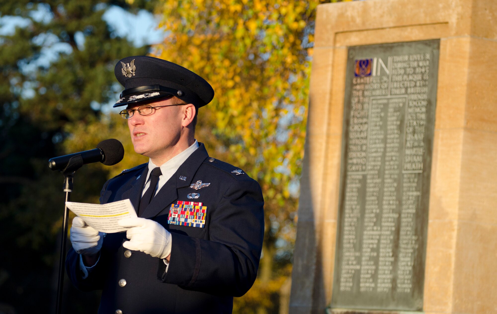 MARTLESHAM HEATH, England - Col. Mark Ciero, 48th Fighter Wing vice commander, speaks during a Remembrance Day ceremony Nov. 11, 2012. More than 200 people attended the ceremony, which was hosted by the Martlesham Heath Aviation Society and supported by the 48th Fighter Wing. American Airmen served in the 356th Fighter Group, a United States Army Air Forces unit, which was stationed at Royal Air Force Station Martlesham Heath during World War II. (U.S. Air Force photo by Staff Sgt. Stephen Linch)