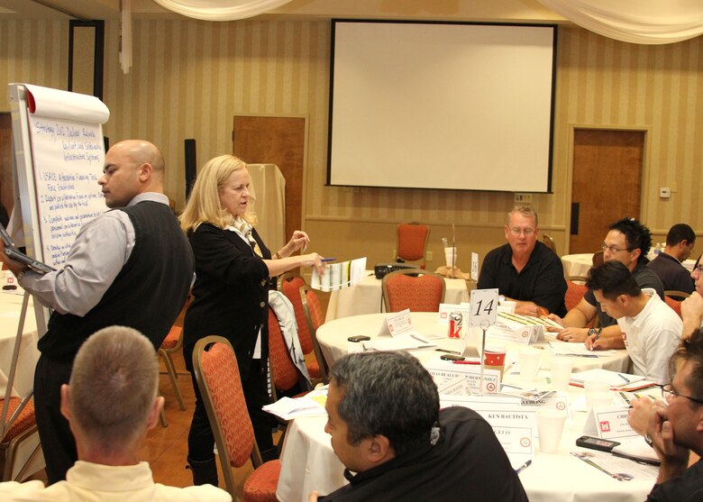 LOS ANGELES -- Tomas Beauchamp-Hernandez writes notes while Terri Kaplan speaks with her team during a Nov. 8 breakout session at the U.S. Army Corps of Engineers Los Angeles District's Strategic Planning Meeting in which various teams worked through workable applications of the South Pacific Division's Implementation Plan. During the three-day event, LA District team members heard from leaders in industry, public service and academia about the aspects of leadership and how they can apply them to their daily work life. 