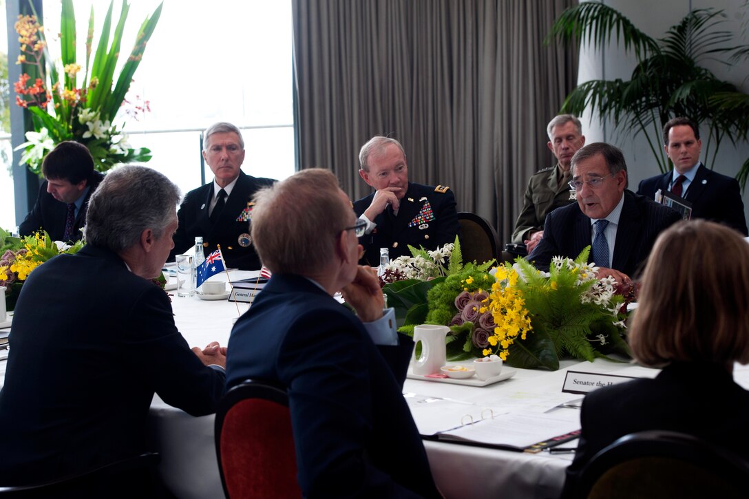 U.S. Defense Secretary Leon E. Panetta, U.S. Secretary of State Hillary Rodham Clinton and U.S. Army Gen. Martin E. Dempsey, chairman of the Joint Chiefs of Staff, meet with Australian Defense Minister Stephen Smith and Australian Foreign Minister Bob Carr during the 2012 Australia-United States Ministerial Consultations in Perth, Australia, Nov. 14, 2012.