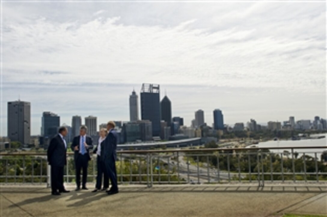 U.S. Defense Secretary Leon E. Panetta, left, and U.S. Secretary of State Hillary Rodham Clinton talk with Australian Defense Minister Stephen Smith, second from left, and Australian Foreign Affairs Minister Bob Carr at Kings Park in Perth, Australia, Nov. 14, 2012.