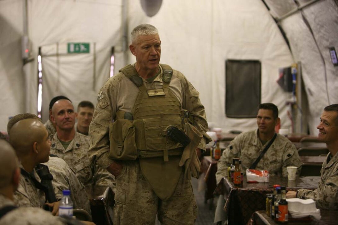 Major Gen. Charles M. Gurganus, Regional Command (Southwest) commanding general, speaks to Marines at Lashkar Gah, Afghanistan, Nov.10, 2012. Maj. Gen. Gurganus and RC(SW) Sgt. Maj. Harrison Tanksley spent the 237th Marine Corps birthday traveling to  every position in southern Helmand province that had Marines to wish them a happy birthday.