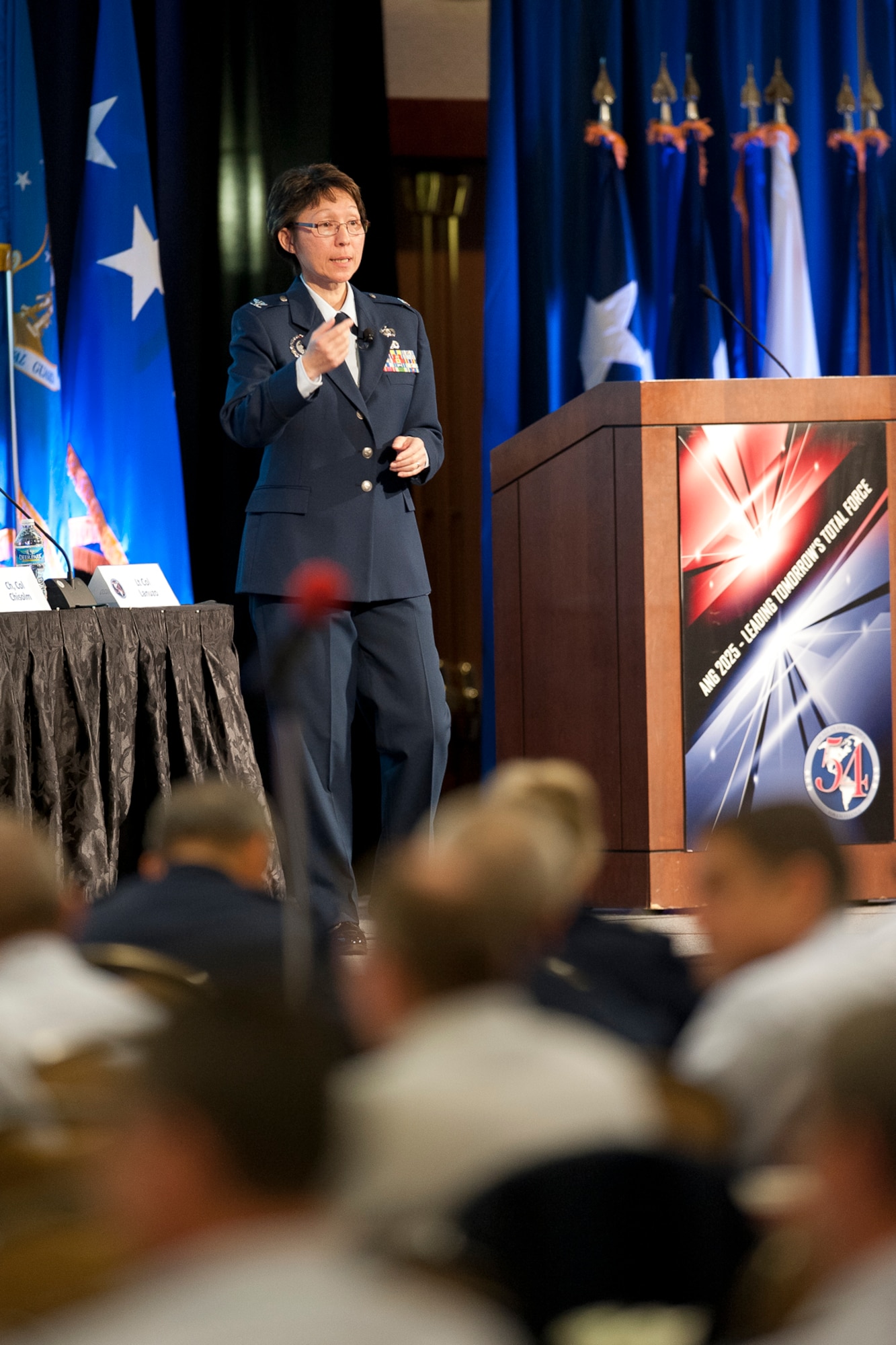 Col. Marie E. Wauters, the Air National Guard chief of recruiting and retention, discusses recruiting and retention issues with National Guard senior leaders Nov. 15, 2012, during the ANG Senior Leadership Conference at the National Conference Center in Leesburg, Va. The ANG SLC offered a single forum for senior leaders and unit commanders to exchange ideas and provide field input on critical issues affecting the future of the ANG. (National Guard photo by Master Sgt. Marvin Preston/RELEASED)
