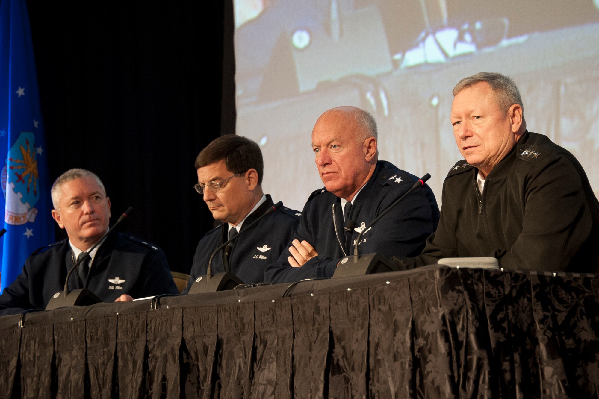 U.S. Air Force Maj. Gen. William H. Etter, the assistant to the Chairman, Joint Chiefs for National Guard matters, left, U.S. Air Force Brig. Gen. James C. Witham, the deputy director of the Air National Guard, center left, U.S. Air Force Lt. Gen. Harry M. Wyatt III, the director of the ANG, center right, listen during a panel discussion as U.S. Army Gen. Frank J. Grass, the chief of the National Guard Bureau and a member of the Joint Chiefs, right, addresses National Guard senior leaders Nov. 14, 2012, during the ANG Senior Leadership Conference at the National Conference Center in Leesburg, Va. The ANG SLC offered a single forum for senior leaders and unit commanders to exchange ideas and provide field input on critical issues affecting the future of the ANG. (National Guard photo by Master Sgt. Marvin Preston/RELEASED)