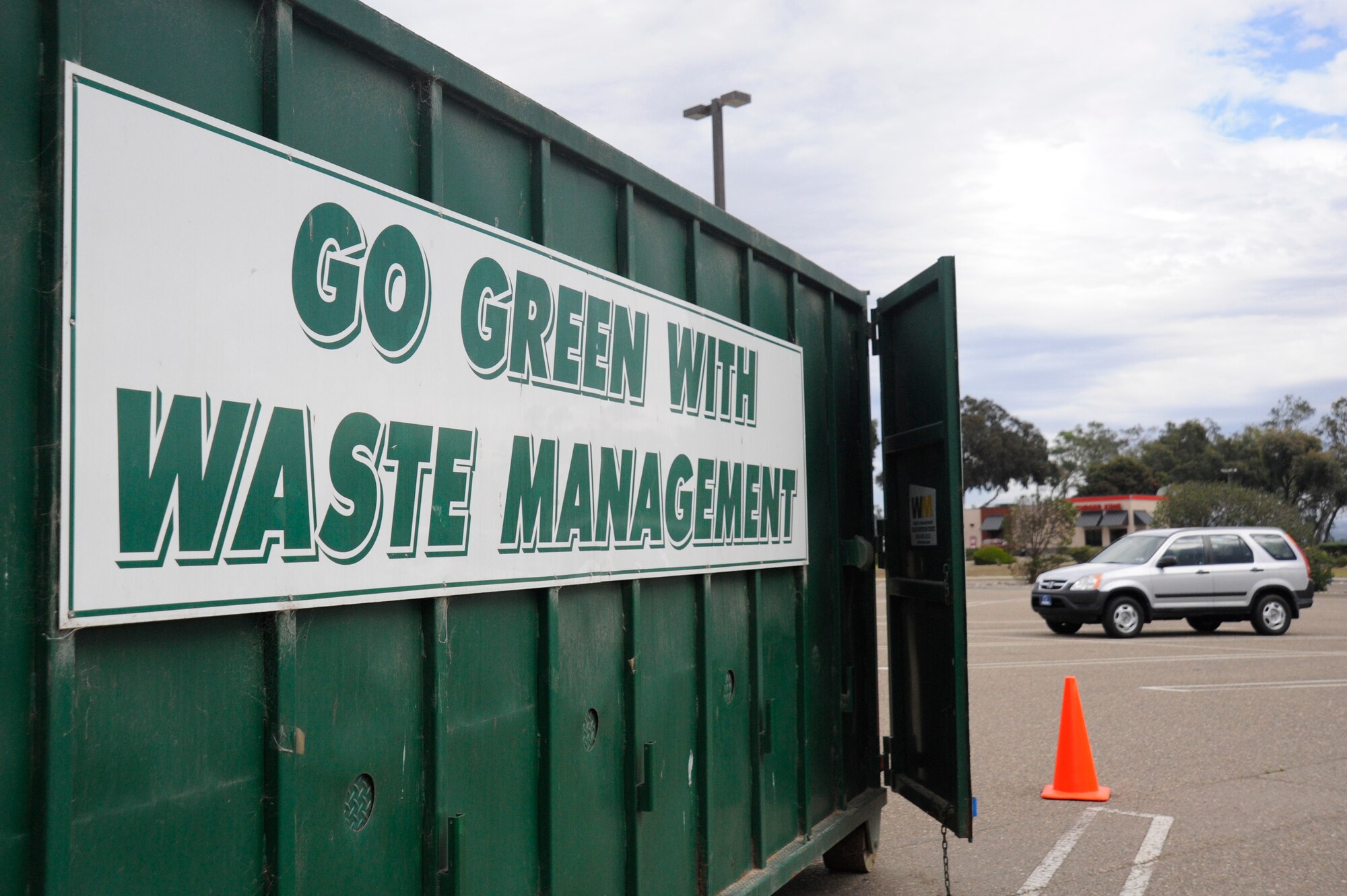 VANDENBERG AIR FORCE BASE, Calif. -- Waste Management officials set up a temporary storage container for an E-waste collection event at Vandenberg Thursday, Nov. 15, 2012. Over 80 Team Vandenberg members dropped off their electronic waste during this event which occurs twice annually in conjunction with both Earth Day and America Recycles Day. (U.S. Air Force photo/Michael Peterson)