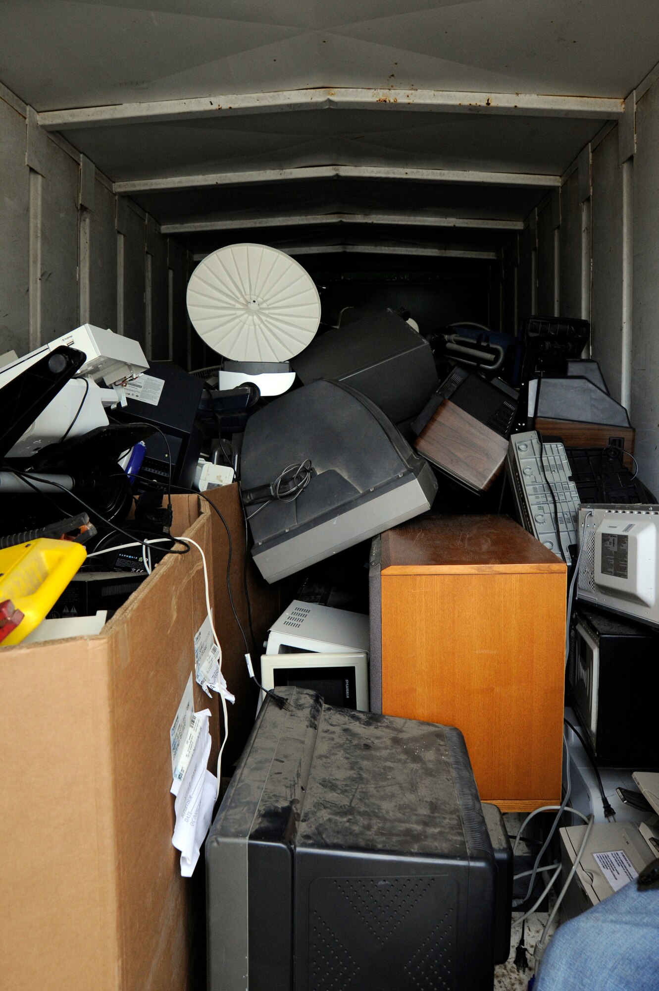 VANDENBERG AIR FORCE BASE, Calif. -- A pile of electronic waste, or e-waste, is stored in a Waste Management container during a collection event Thursday, Nov. 15, 2012. Over 80 Team Vandenberg members dropped off their electronic waste during this event which occurs twice annually in conjunction with both Earth Day and America Recycles Day. (U.S. Air Force photo/Michael Peterson)