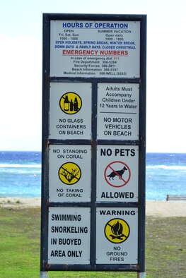 ANDERSEN AIR FORCE BASE, Guam - Signs are located at the entrance of Tarague
Beach stating specific rules regarding the use of the beach. The rules are
in place in order to promote safety and protect the environment. (U.S. Air Force photo by Staf Sgt. Alexandre Montes/Released)
