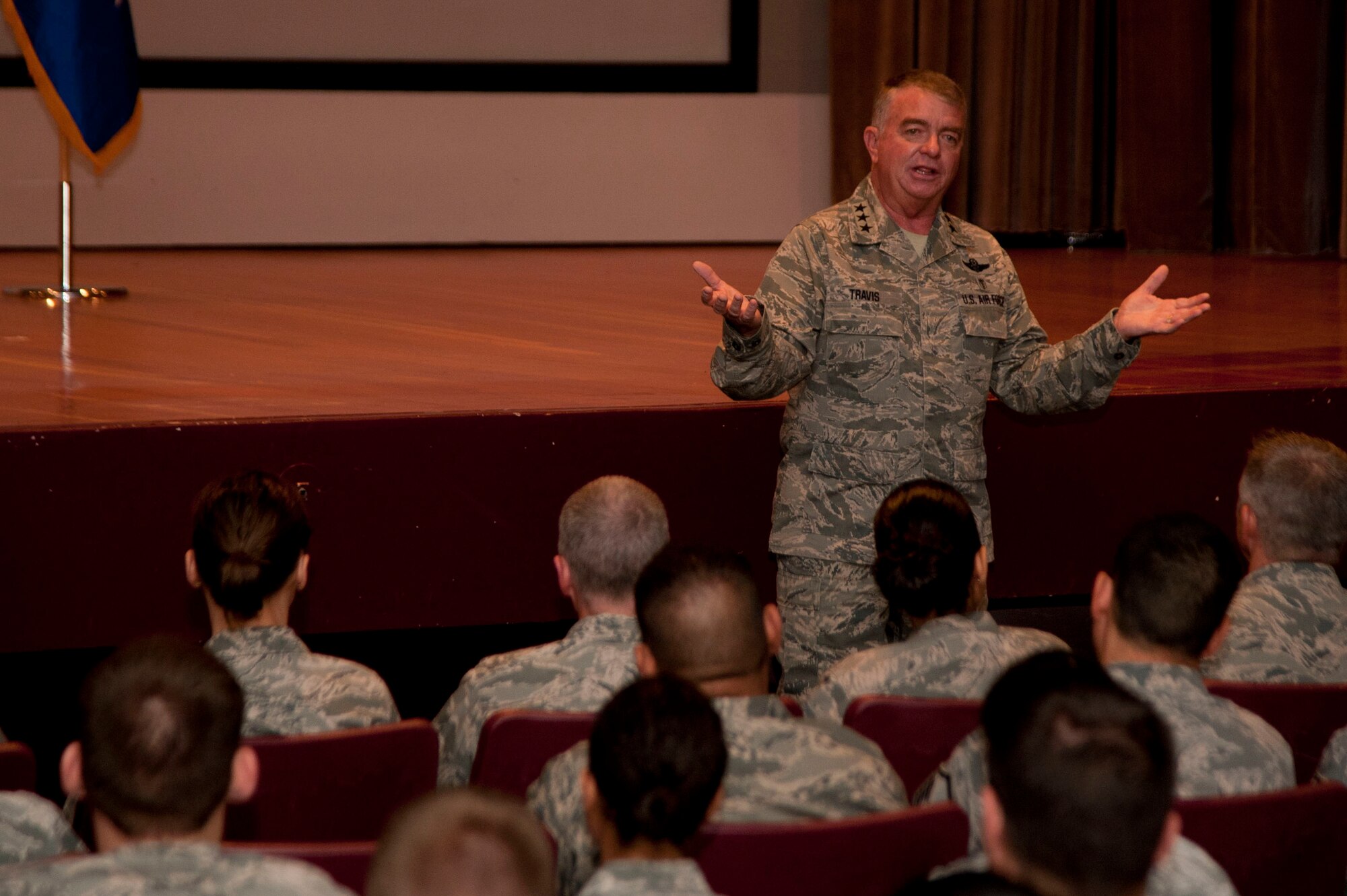 VANDENBERG AIR FORCE BASE, Calif. – Lt. Gen. Thomas Travis, the Surgeon General of the Air Force, speaks to the personnel of the 30th Medical Group during a visit to the base here Thursday, Nov. 15, 2012. Travis visited the base to view the Minuteman III missile launch and to view the 30th MDG facility and to speak with the personnel to ascertain mission readiness.  (U.S. Air Force photo/Senior Airman Lael Huss)