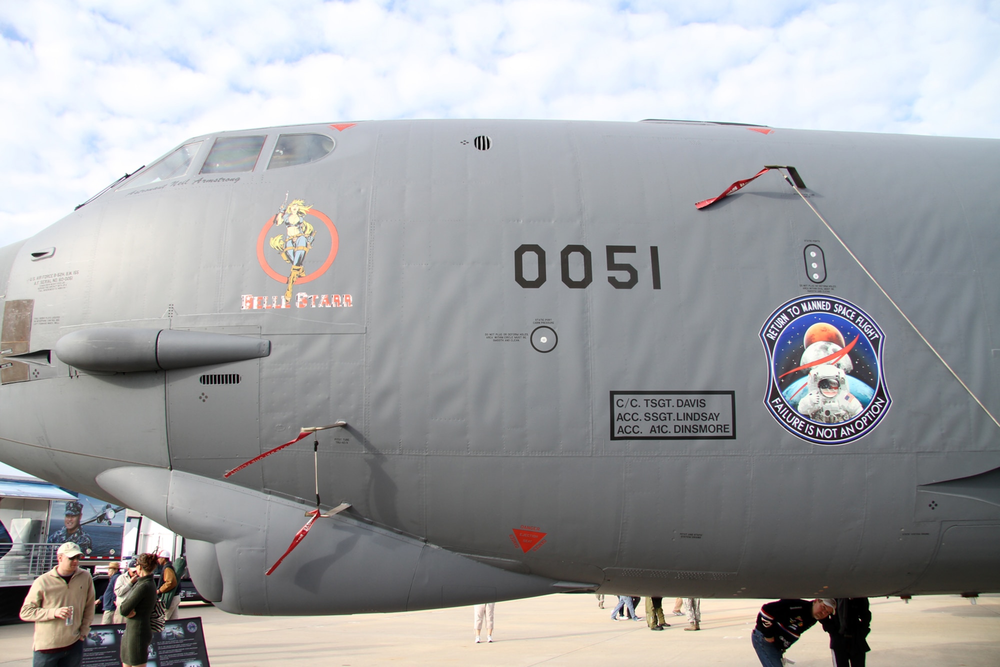 A B-52 Stratofortress from the 93rd Bomb Squadron, 307th Bomb Wing Barksdale Air Force Base, La., sports the name of Astronaut Neil Armstrong and a tribute to space travel, at the Wings Over Houston Air Show at the Ellington Airport in Houston, Texas, October 27-28, 2012. The jet was painted with the name to remember American Astronaut Neil Alden Armstrong, who was the first person to walk on the Moon. Armstrong, who was also an aerospace engineer, naval aviator, test pilot, was born Aug. 5, 1930, and passed away Aug. 25, 2012. He was an officer in the U.S. Navy and served in the Korean War. Armstrong was awarded the Presidential Medal of Freedom by President Richard Nixon, the Congressional Space Medal of Honor by President Jimmy Carter in 1978, and the Congressional Gold Medal with his former crewmates in 2009. (Courtesy photo by Stewart Dempster)
