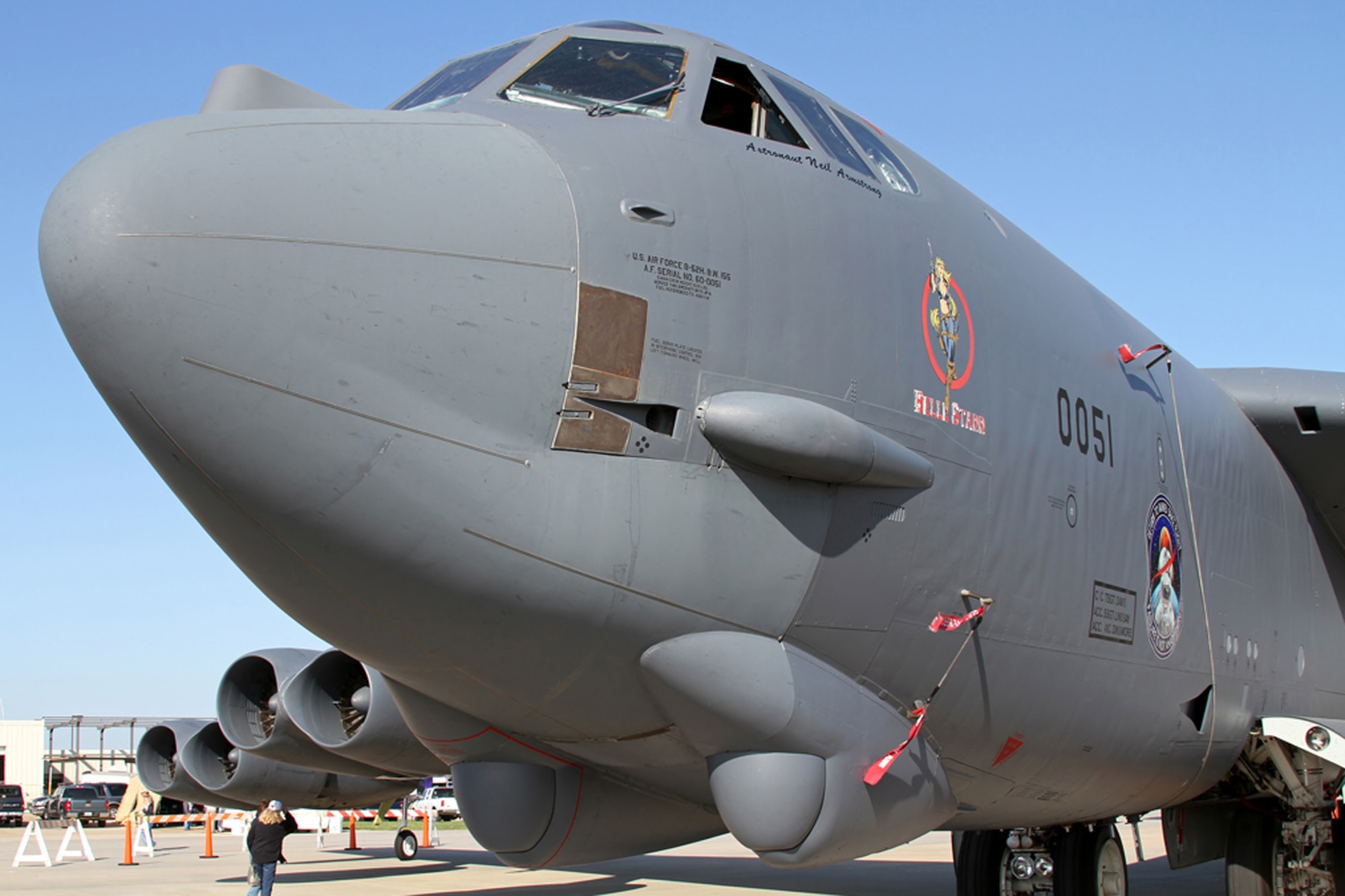 A B-52 Stratofortress from the 93rd Bomb Squadron, 307th Bomb Wing, Barksdale Air Force Base, La., sports the name of Astronaut Neil Armstrong, at the Wings Over Houston Air Show at the Ellington Airport in Houston, Texas, October 27-28, 2012. The jet was painted with the name to remember American Astronaut Neil Alden Armstrong, who was the first person to walk on the Moon. Armstrong, who was also an aerospace engineer, naval aviator, test pilot, was born Aug. 5, 1930, and passed away Aug. 25, 2012. He was an officer in the U.S. Navy and served in the Korean War. (Courtesy photo by Mark Young)