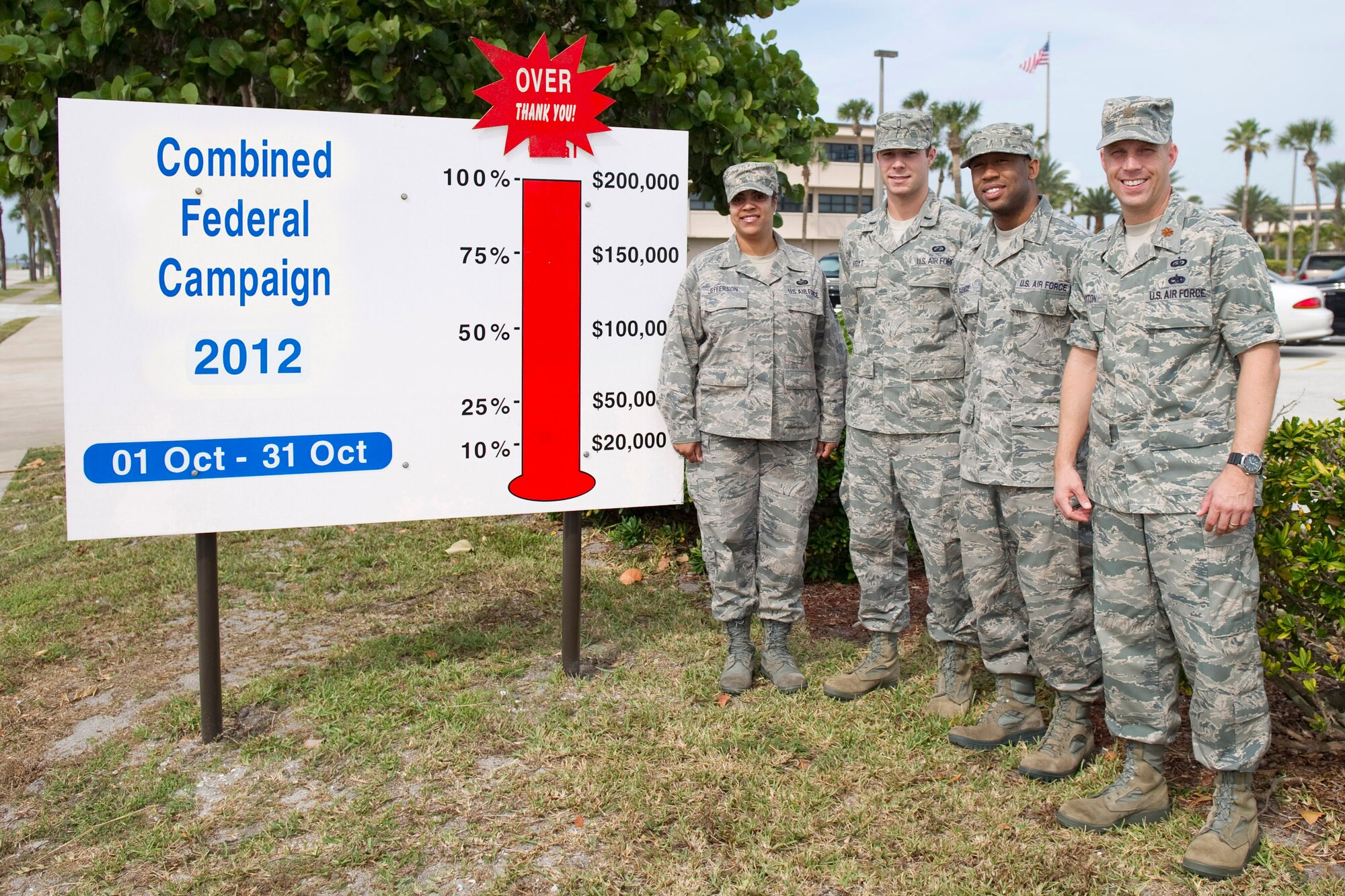 CFC workers stand by the thermometer showing their enthusiasm for the base reaching its goal (left to right)  Maj. William Clayton, CFC Project Officer, Master Sgt. Dominique Jefferson, Base IMA Manager, 1st Lt. Michael Hoyt, AFTAC CFC officer, and Staff Sgt. Anthony Range, 45th Force Support Squadron.

Photo by Matthew Jurgens 
