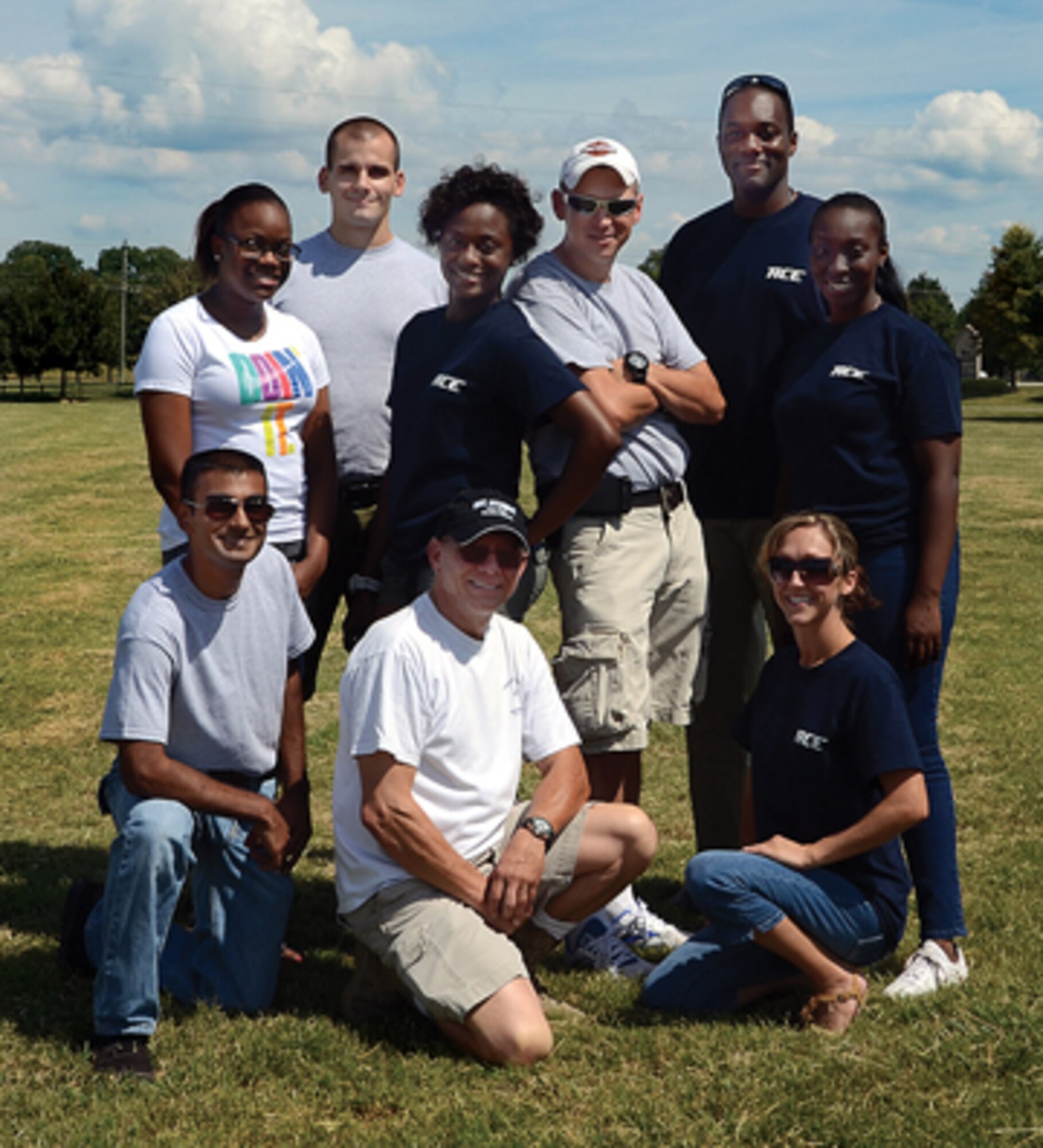 From bottom row left to right: Airman First Class Shehroze Choudry, 908th Command Chief Master Sgt. Owen Duke, Senior Airman Christina Dryden, AES. Next row: Airman Latricia Parks, FSS; Senior Airman Shaniqua Rogers (FSS), Senior Airman Michael Roman, A1C Faren Douglas (SFS) Top Row: Senior Airman Michael Burns and Senior Airman Robert Booker, CES.
