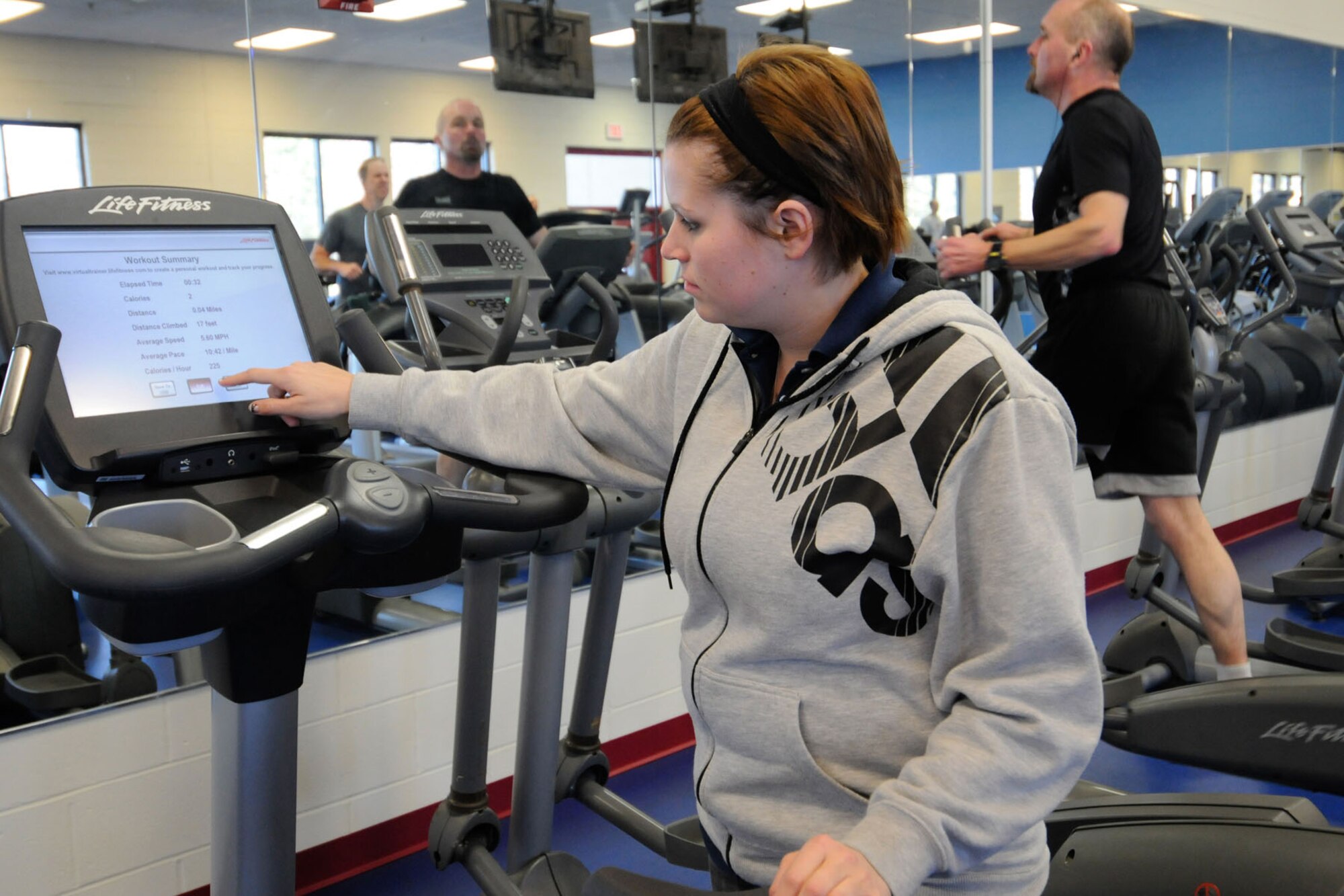 HANSCOM AIR FORCE BASE, Mass. -- Megan Compas participates in the Hike to the North Pole Challenge at the Fitness and Sports Center Nov. 6. Participants accumulate mileage on the fitness equipment from now through Dec. 25 in order to “reach the North Pole by Christmas.” Prizes will be awarded to the first three finishers and sign up can be accomplished at the fitness center. (U.S. Air Force photo by Linda LaBonte Britt)