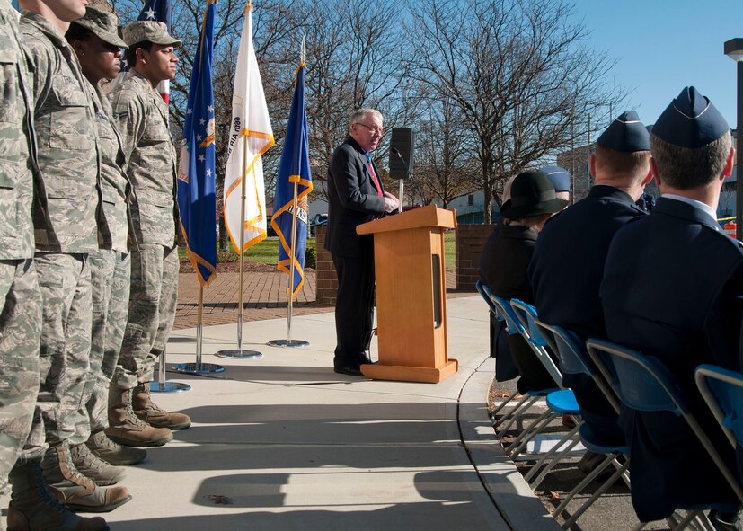 HANSCOM AIR FORCE BASE, Mass. -- Retired Navy Capt. Tom Kelley, a Medal of Honor recipient, speaks about military service to attendees of the Salute to Veterans event outside Building 1305 Nov. 9. The tribute focused on those who served, whether retired or honorably discharged. (U.S. Air Force photo by Mark Wyatt)