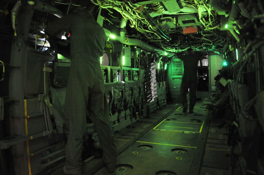 Aircrew members with the 20th Special Operations Squadron inspect the interior of a CV-22 Osprey on the flightline at Cannon Air Force Base, N.M., Nov. 1, 2012. The $80 million aircraft relies on routine austere inspections and preventative maintenance for proper functionality as well as Air Force Special Operations Command compliance. (U.S. Air Force photo/Airman 1st Class Alexxis Pons Abascal)  