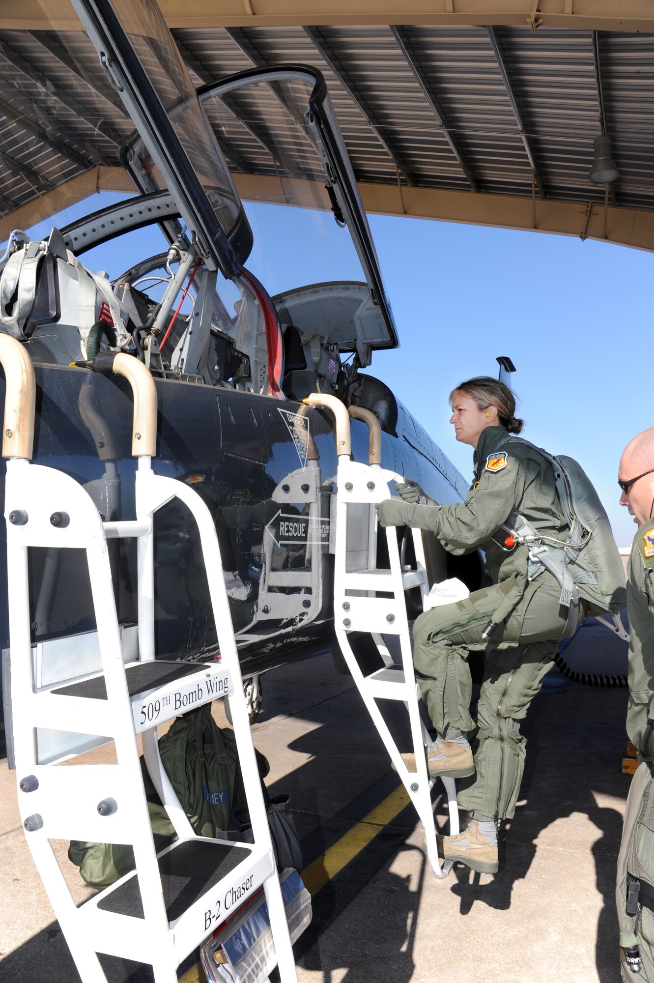 WHITEMAN AIR FORCE BASE, Mo. -- Maj. Cathy Roberts, 442nd Operations Group executive officer, prepares for an incentive flight in a T-38 Talon, Nov. 14, 2012. Roberts was nominated for the incentive flight for her hard work and dedication as the project officer for the October 2012 consolidated unit inspection. The 442nd OG is part of the 442nd Fighter Wing, an A-10 Thunderbolt II Air Force Reserve unit here. (U.S. Air Force photo by Staff Sgt. Danielle Johnston/Released)