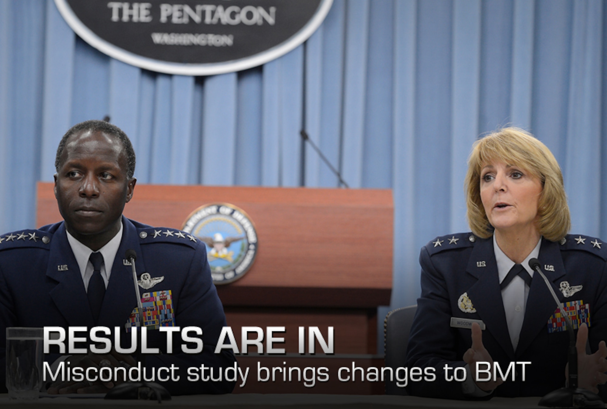 Gen. Edward Rice Jr., commander of Air Education and Training Command, answers questions with Maj. Gen. Margaret Woodward, Air Force Chief of Safety and commander of Air Force Safety Center at Kirtland Air Force Base, N.M., during a Pentagon press briefing on Nov. 14, 2012. Rice presented the findings relating to Woodward's investigation into allegations of sexual misconduct at Basic Military Training. (U.S. Air Force photo/Scott M. Ash)