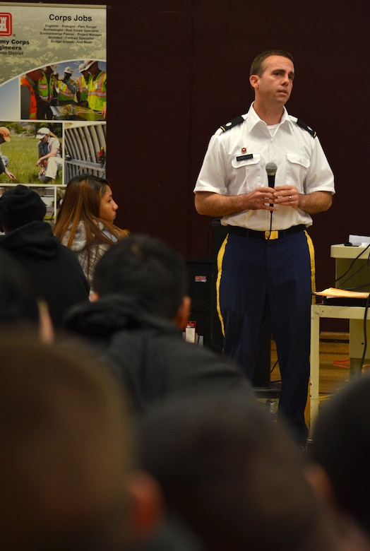 Lt. Col. Braden LeMaster, deputy district engineer for the U.S. Army Corps of Engineers Sacramento District, speaks to students at Hiram W. Johnson High School in Sacramento, Calif., during a science, technology, engineering and mathematics - or STEM - event Nov. 9, 2012. The district hosted the STEM event for 125 students, discussing STEM-related degrees and careers, and providing three fun and team-focused engineering challenges. 