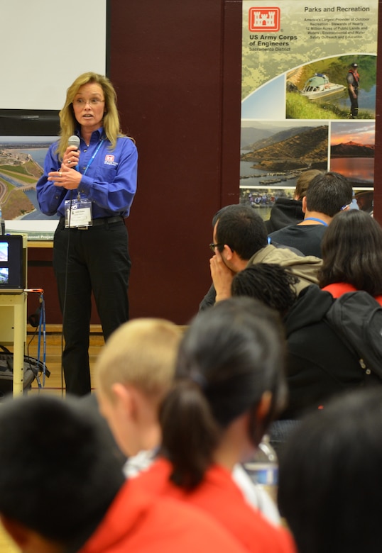 Linda Finley, deputy for project management for the U.S. Army Corps of Engineers Sacramento District, speaks to students at Hiram W. Johnson High School in Sacramento, Calif., during a science, technology, engineering and mathematics - or STEM - event Nov. 9, 2012. The district hosted the STEM event for 125 students, discussing STEM-related degrees and careers, and providing three fun and team-focused engineering challenges. “This event is really special,” said Finley. “Coming here as a graduate of Johnson High, Class of 1976, to come back to this school and see the tremendous changes, and incredible support for students that have a skill set towards math and science - it's just such a wonderful, warm feeling for me.” 