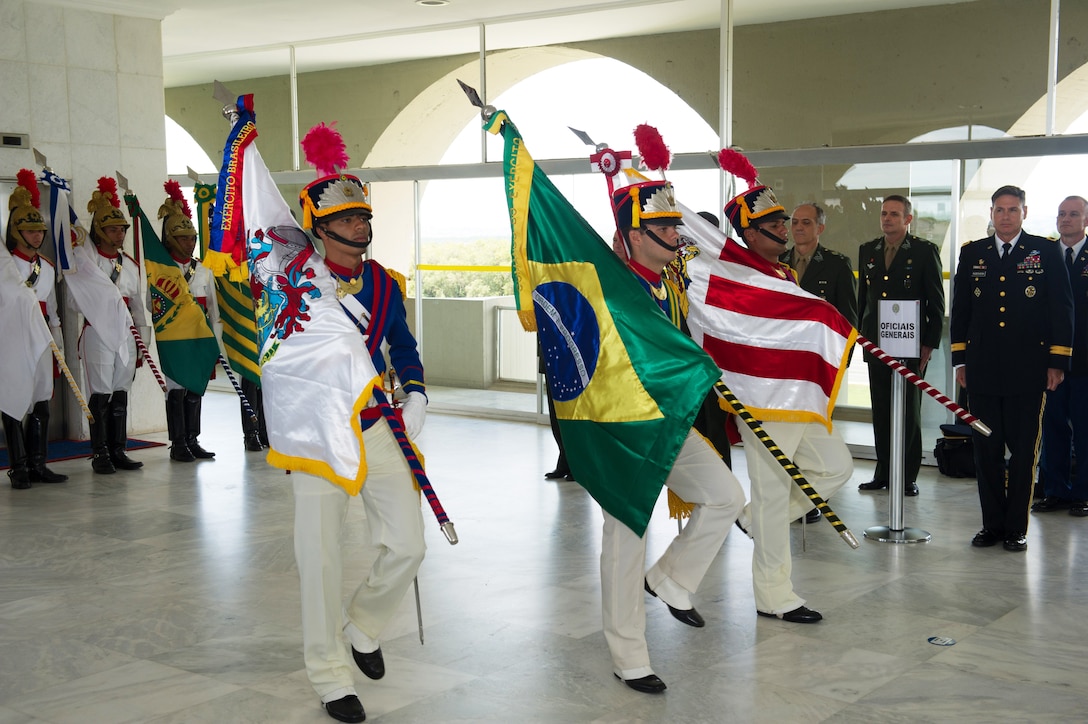 Brazilian soldiers wear traditional uniforms during a ceremony to honor U.S. Army Chief of Staff Gen. Ray Odierno at the Brazilian army headquarters in Brasilia, Brazil, Nov. 14, 2012. 